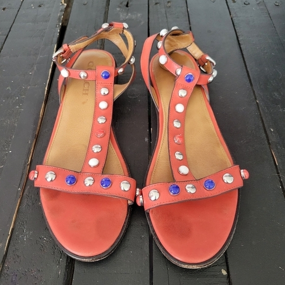 Coach Shoes - Coach Sadie Coral Orange Leather Sandals Women's 8.5 Studded Colorful